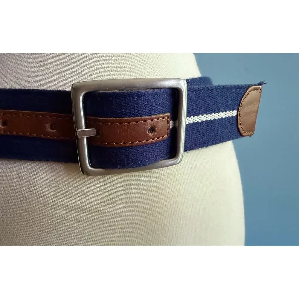 Reversible Blue Striped Cotton Italian Leather Belt Womens sz 30 (runs small)